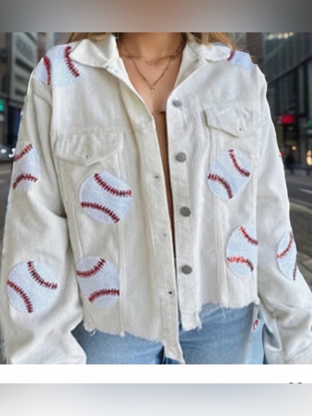 Women's White Baseball Patch Corduroy Jean Jacket by